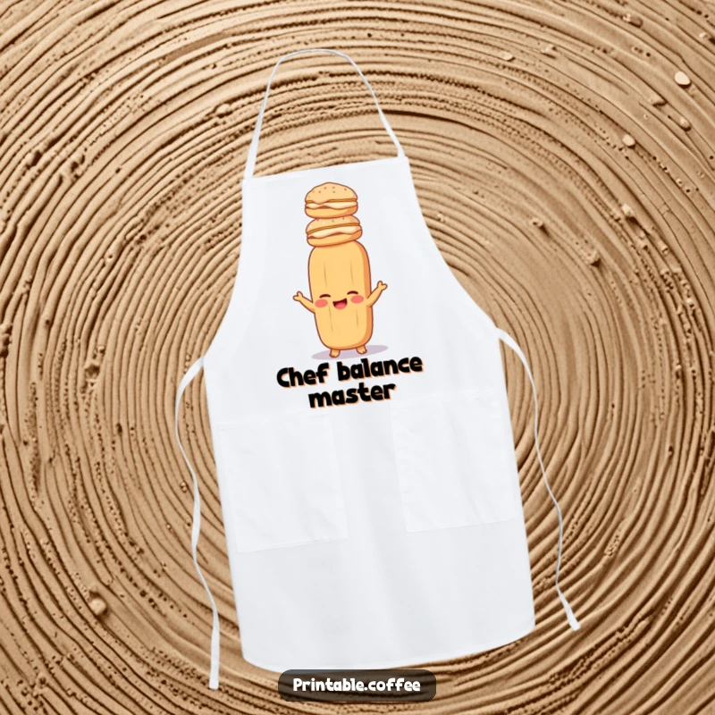 Funny baguette apron featuring a giggling baguette balancing pastries, perfect for kitchen fun and protecting outfits.