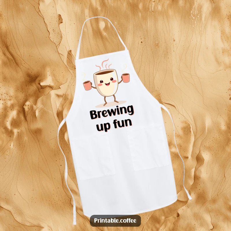 Funny coffee juggler apron showing a smiling coffee cup character with tiny legs, joyfully juggling steaming mugs.