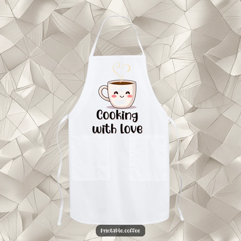 Funny smiling coffee mug character with steam forming a heart shape, featured on a humorous and practical kitchen apron.