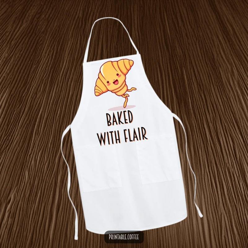Funny croissant apron featuring a joyful cartoon croissant with legs, doing a cartwheel.