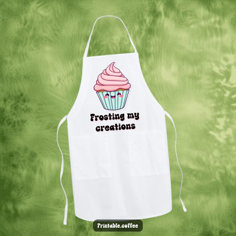 Funny cupcake character with happy, wiggling frosting, featured on a functional kitchen apron.