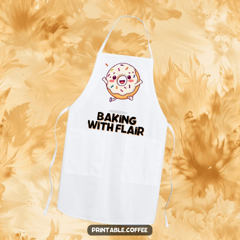 Funny donut character performing a playful jump with sprinkles flying, featured on a functional kitchen apron.