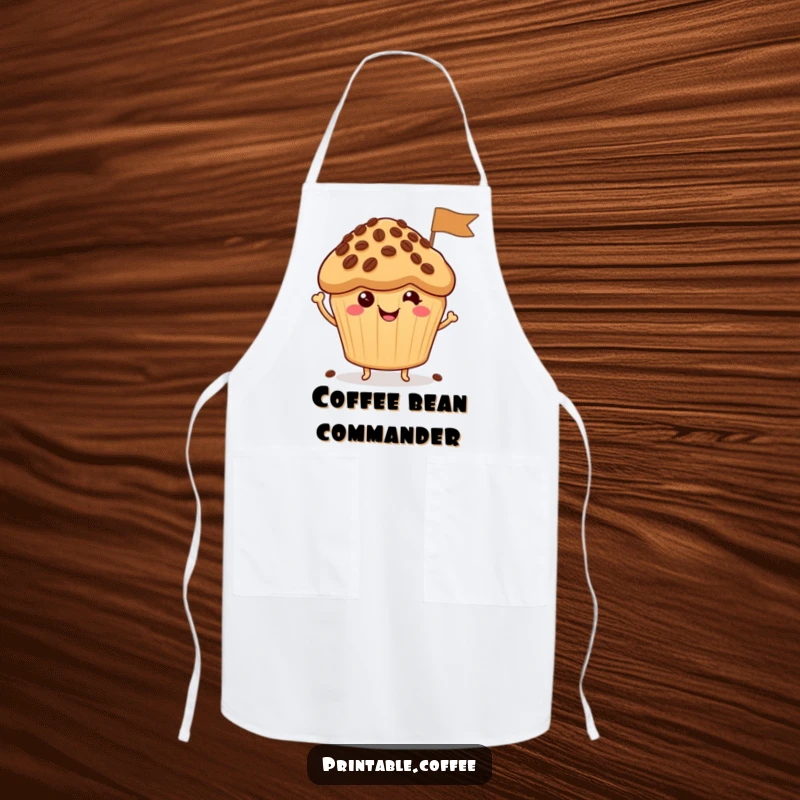Funny Apron: A happy muffin character waves a miniature flag made of coffee beans, adding cheer to kitchen activities.