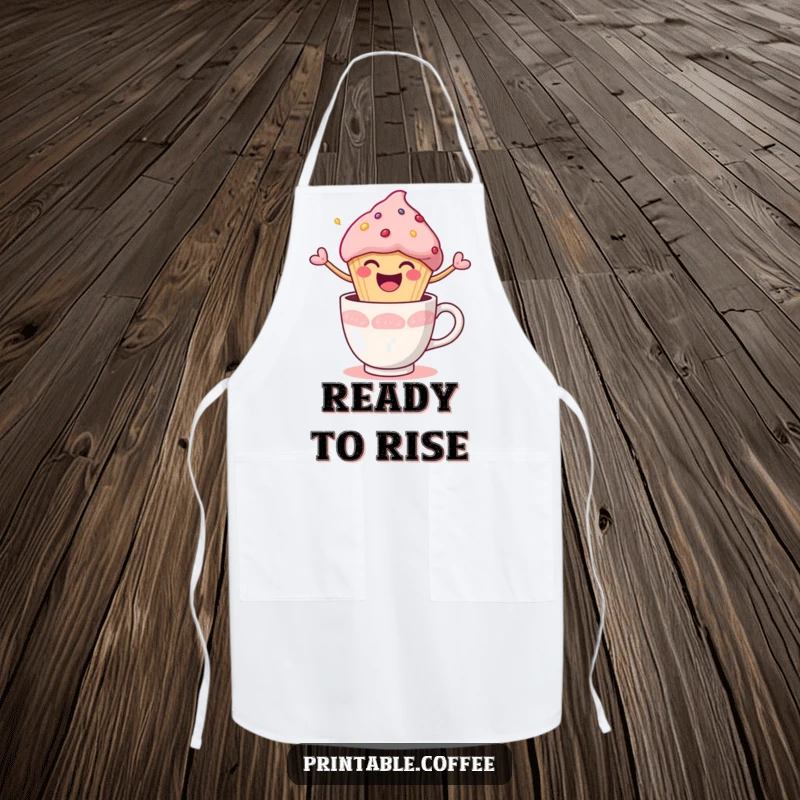 Funny Apron depicting a happy muffin character joyfully bursting out of a coffee cup, ready for kitchen fun.