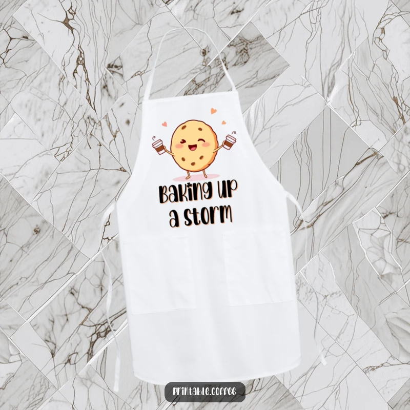 Funny winking cookie character happily juggling tiny coffee cups on a kitchen apron, for cheerful cooking.