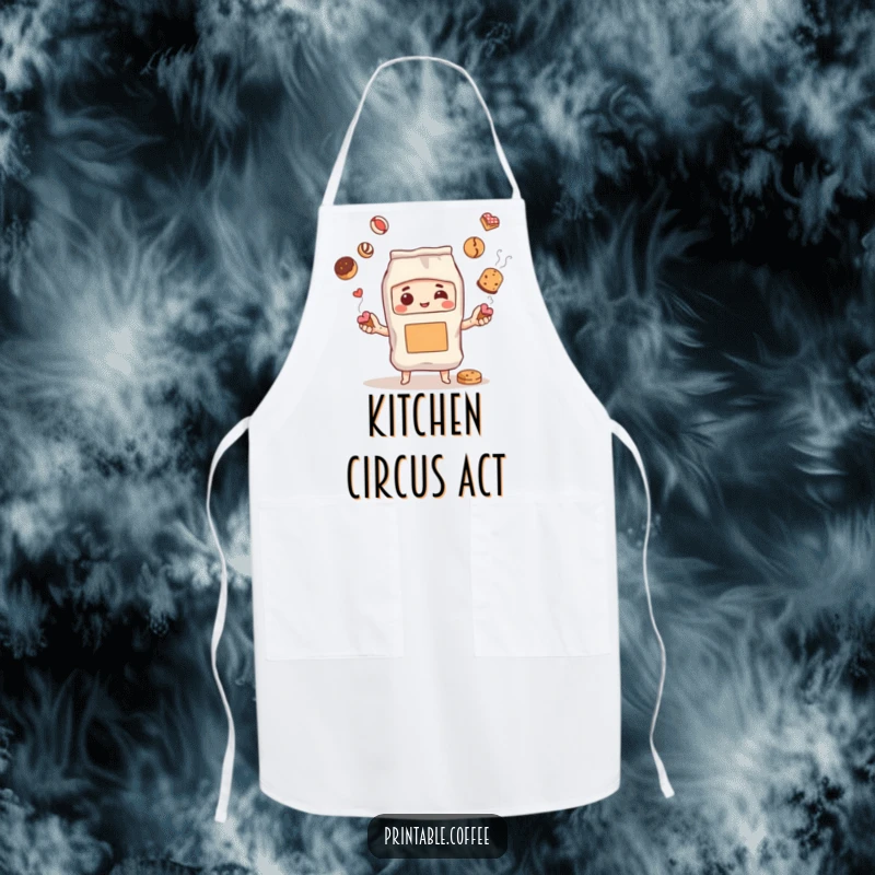 Funny apron featuring a steaming coffee bag character juggling pastries, perfect for kitchen adventures and culinary creativity.