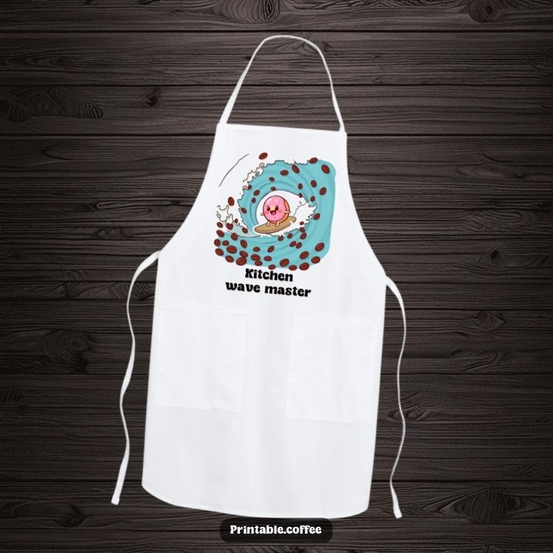 Funny donut apron featuring a wobbly jelly donut surfing a coffee bean wave, perfect for kitchen fun.