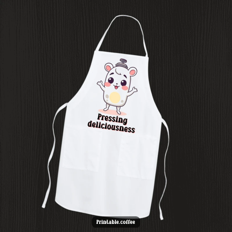 Funny French press apron featuring a character delightfully doing a little shimmy, perfect for adding cheer to coffee brewing.