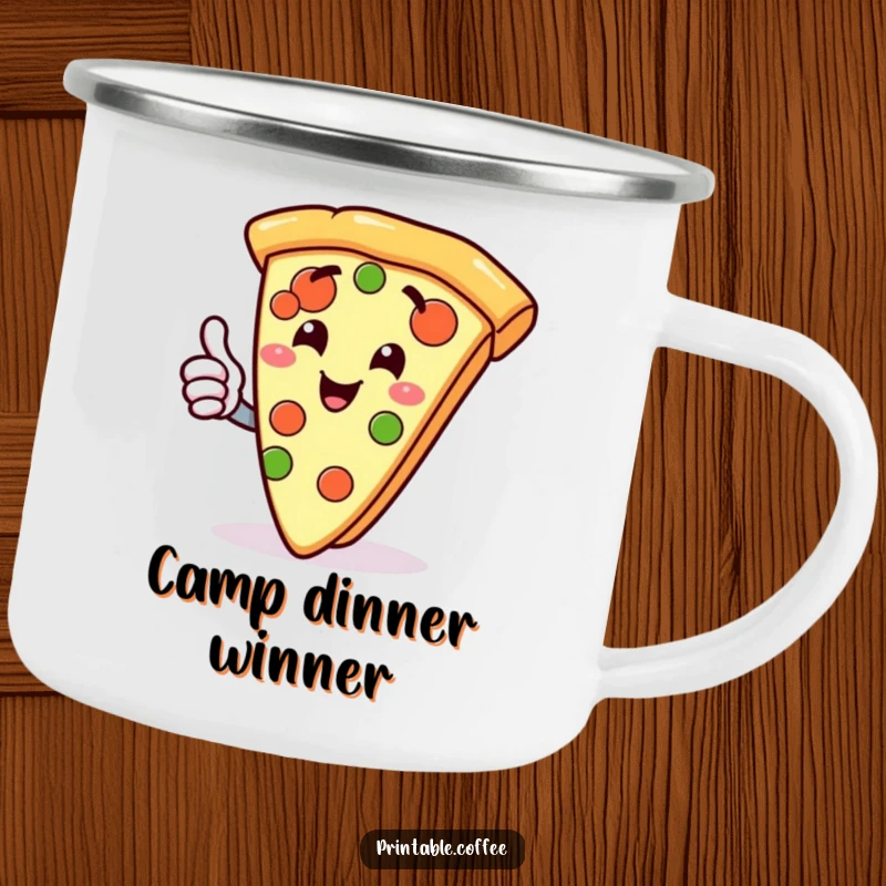 Funny camping mug with a gleeful slice of pizza character giving a thumbs up, perfect for outdoor enjoyment.