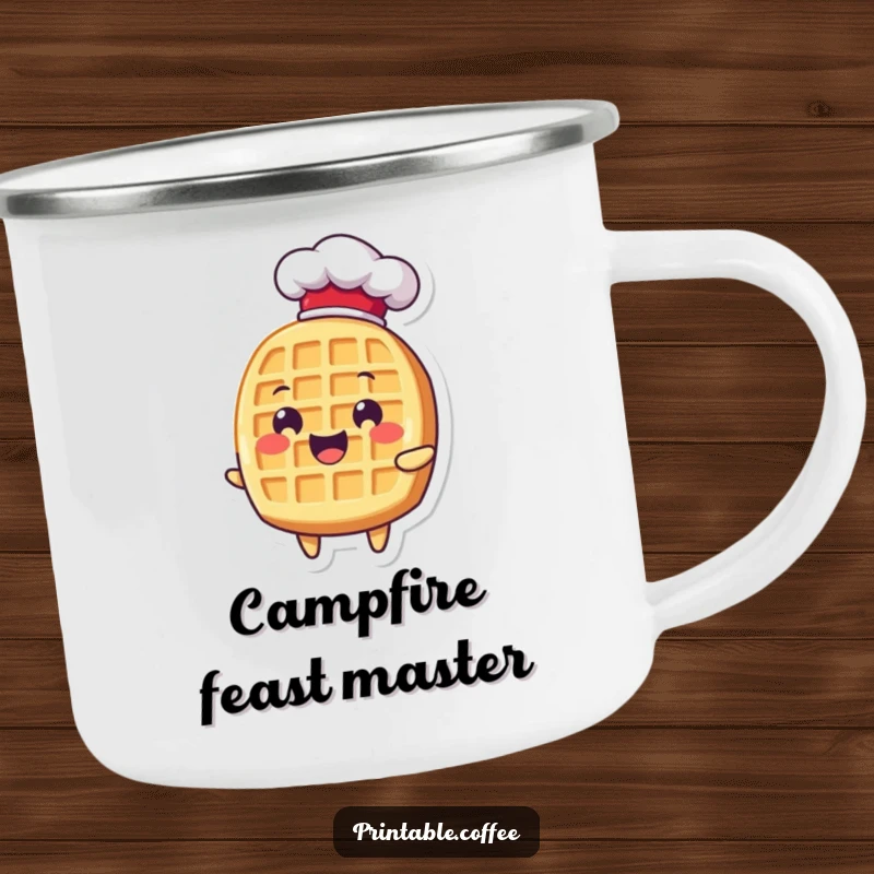 Funny waffle character in a chef hat, looking delighted, perfect for a humorous camping mug adventure.