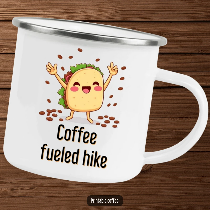 Funny camping mug: A cheesy taco character dances victoriously, holding coffee beans, for a festive touch during outdoor adventures.