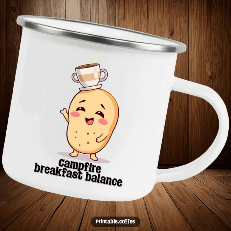Funny camping mug featuring a giggling bagel balancing a tiny coffee cup, for outdoor morning brews.