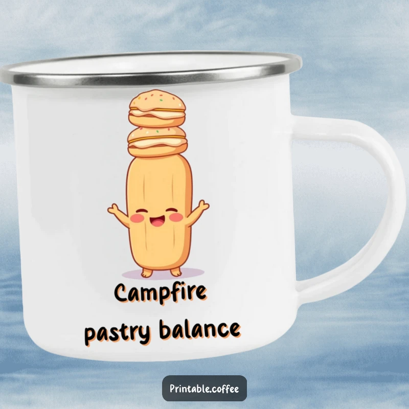 Funny baguette camping mug with a giggling baguette balancing pastries, perfect for outdoor enthusiasts and bread lovers.
