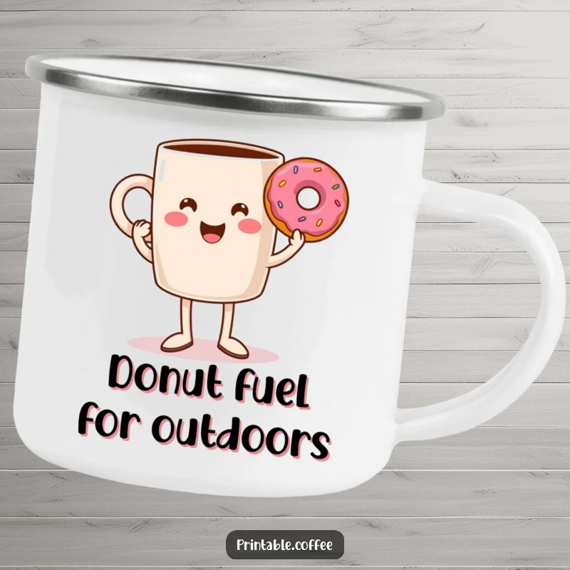 Funny coffee mug with legs triumphantly holding a donut, a sturdy and amusing enamel camping mug for outdoor enjoyment.