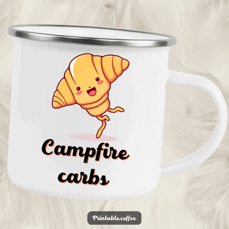 Funny croissant camping mug featuring a joyful cartoon croissant with legs, doing a cartwheel.