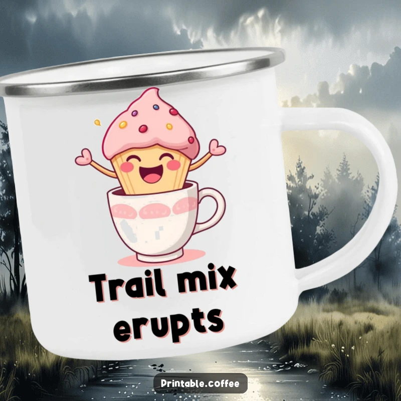 Funny Camping Mug featuring a happy muffin character joyfully bursting out of a coffee cup, bringing smiles anywhere.