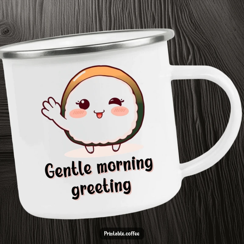 Funny camping mug with a blushing piece of sushi character doing a shy wave, perfect for outdoor enjoyment.