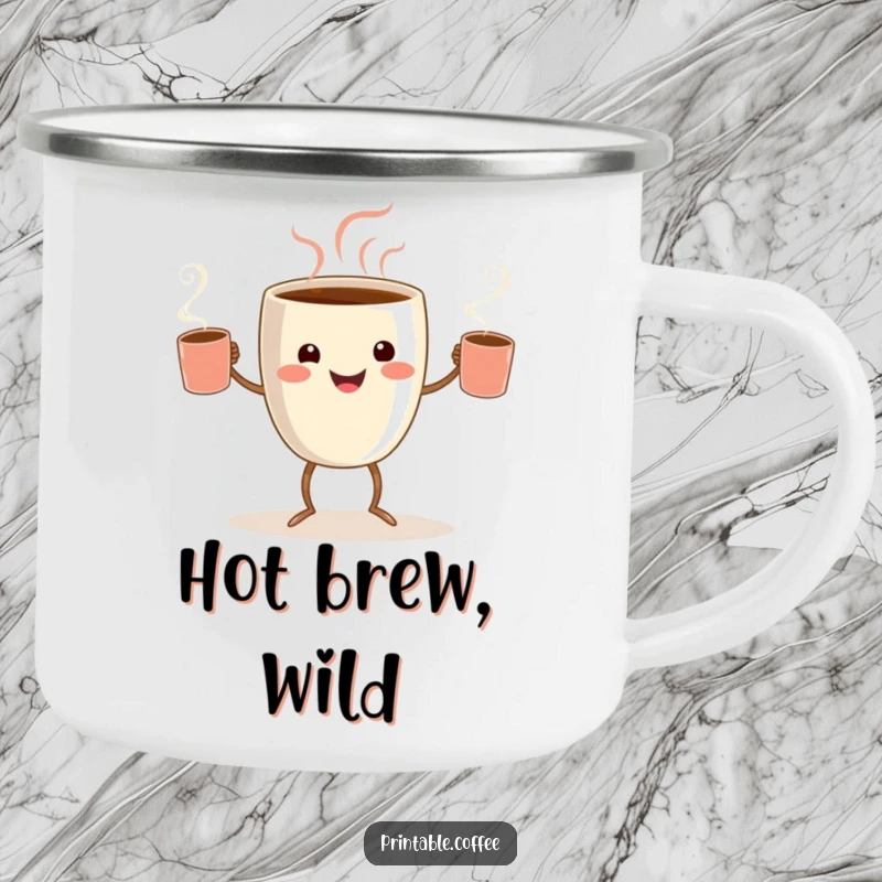 Funny coffee juggler camping mug of a smiling coffee cup character with tiny legs, juggling steaming mugs.