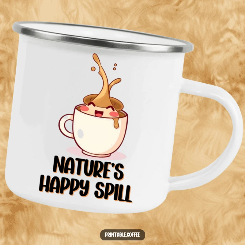 Funny camping mug with a durable enamel finish, showing a coffee cup character spilling with pure, unbridled morning joy.
