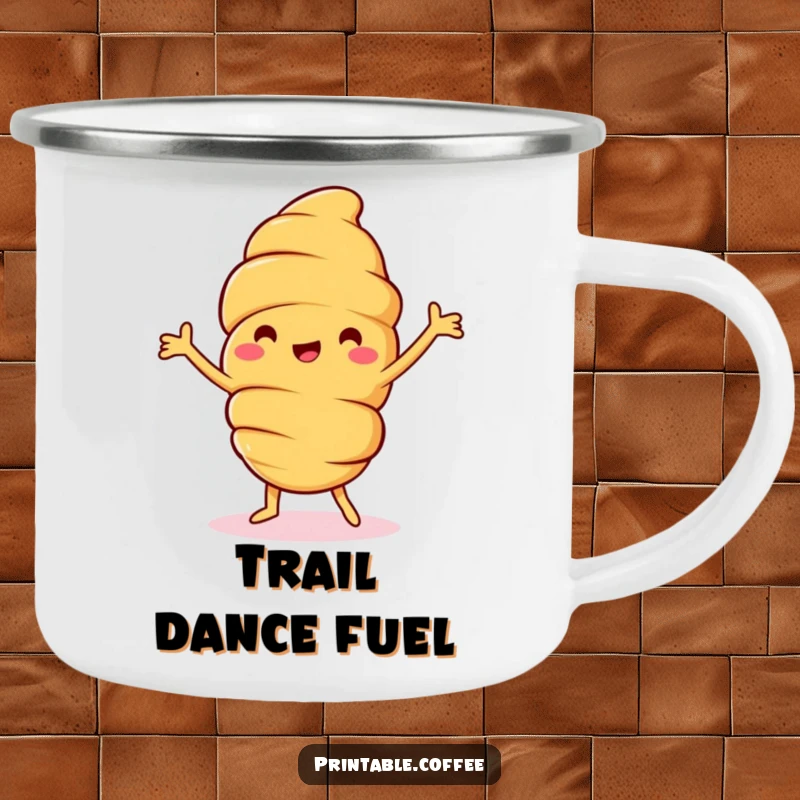 Funny croissant camping mug showing a jolly pastry character happily dancing around a campfire theme, ready for rugged outdoor humor.