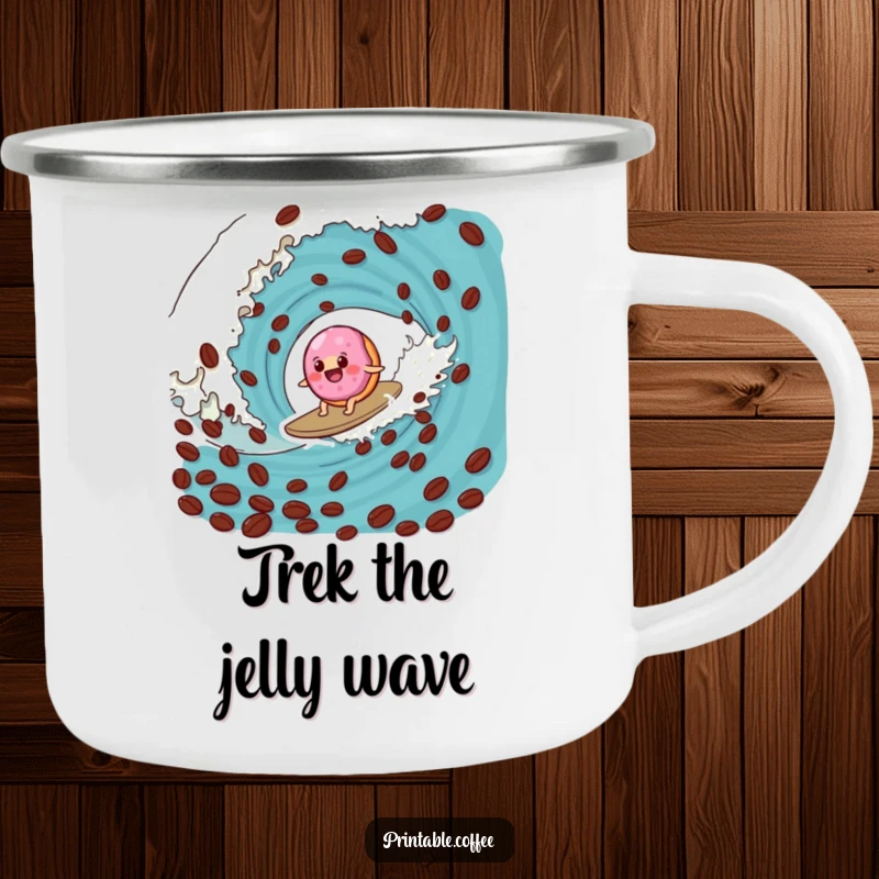 Funny donut camping mug with a wobbly jelly donut surfing a coffee bean wave, perfect for coffee-loving adventurers.