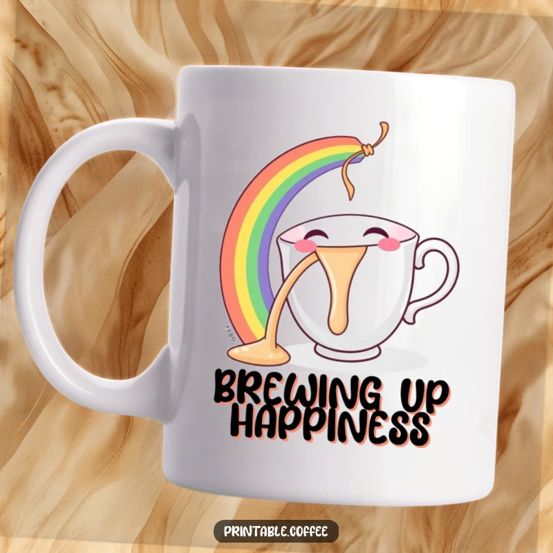 Funny smiling teacup character mug joyfully pouring a vibrant rainbow, radiating happiness and colorful delight.