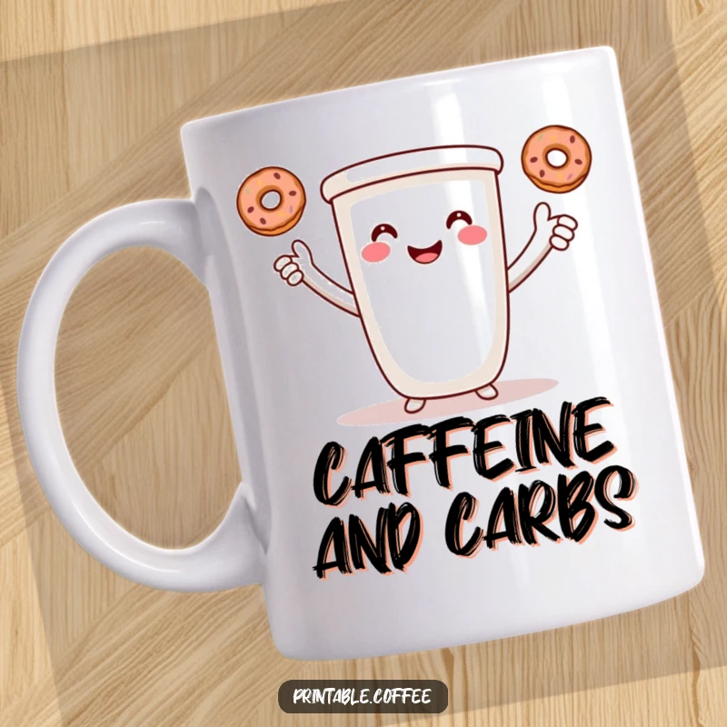Funny coffee mug featuring a smiling cartoon coffee cup with arms, expertly juggling three tiny donuts.