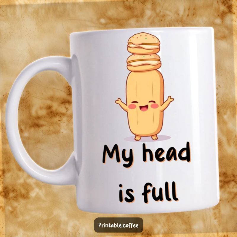 Funny baguette mug featuring a giggling baguette precariously balancing cream-filled pastries on its head, a baker’s delight.