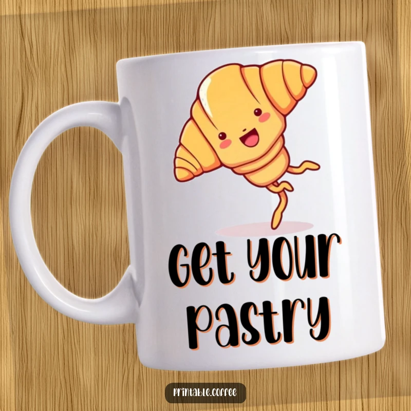 Funny croissant mug featuring a joyful cartoon croissant with legs, energetically doing a cartwheel.
