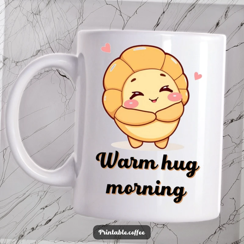 Funny coffee mug featuring a croissant character winking and offering a warm, inviting hug, exuding comfort and deliciousness.