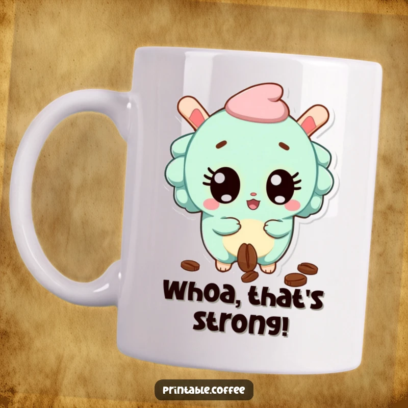 Funny Mug featuring a surprised churro character with wide eyes, accidentally dropping a coffee bean, expressing shock.