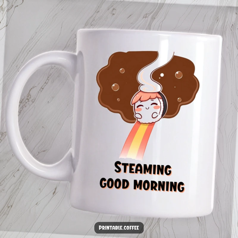 Funny mug: A winking sushi character slides joyfully down a vibrant rainbow made of coffee steam, embodying delicious fantasy.