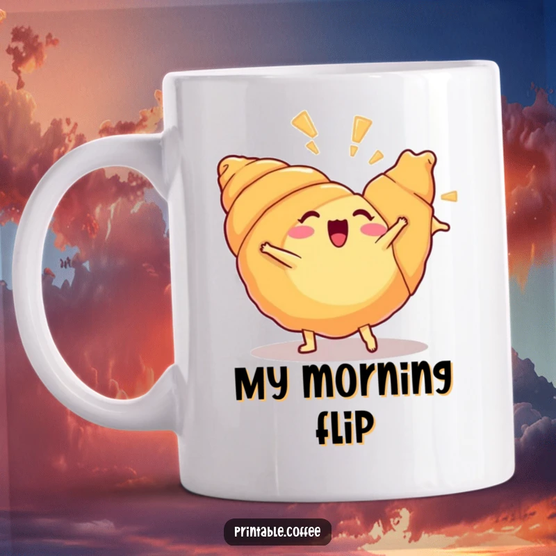 Funny croissant mug showing an excited croissant doing a cartwheel with flaky layers flying out happily, perfect for breakfast lovers.