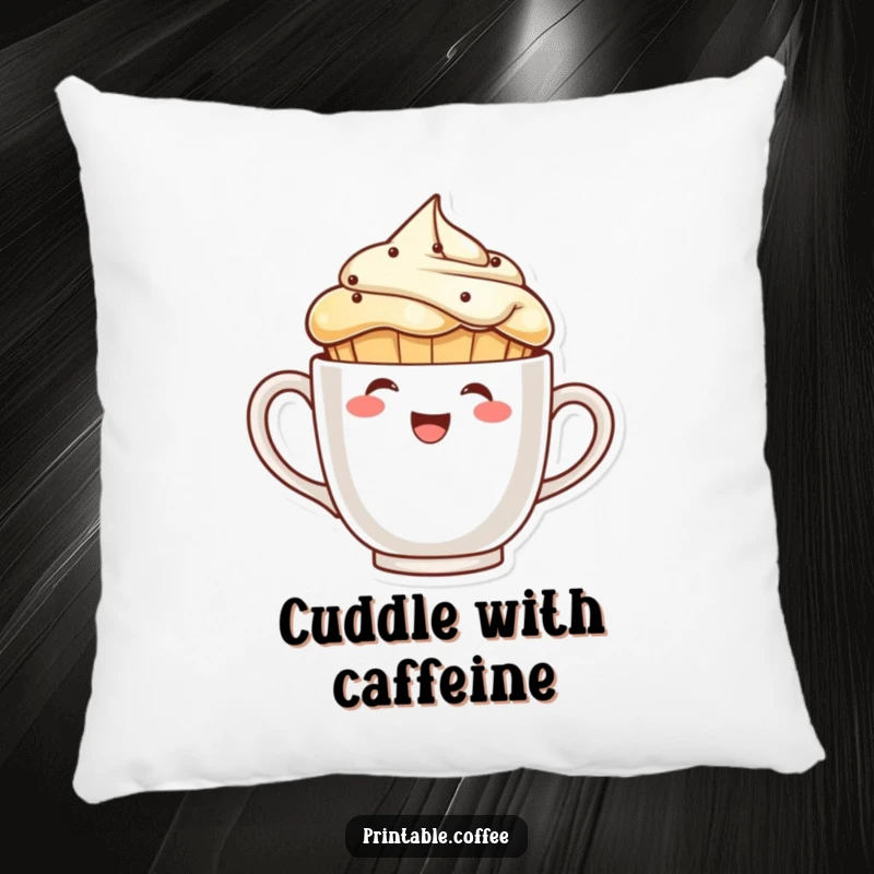 Funny laughing muffin character peeking from behind a giant coffee cup on a pillow, for cozy coffee break comfort.