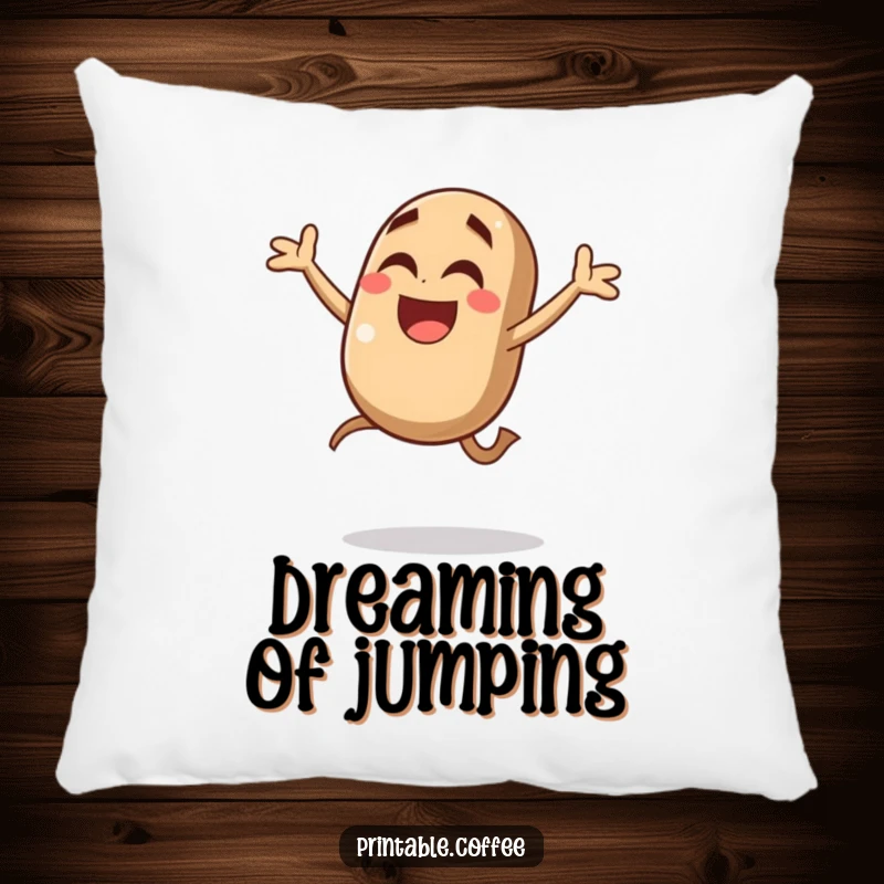 Funny coffee bean pillow with a giggling character jumping with joy in mid-air, offering soft comfort and a dose of bean-tastic happiness.