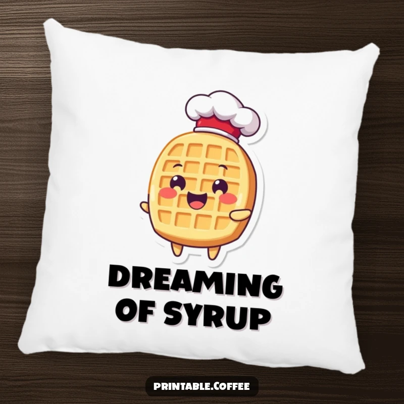 Funny waffle character wearing a chef hat, looking delighted, perfect for a humorous and comfortable pillow.