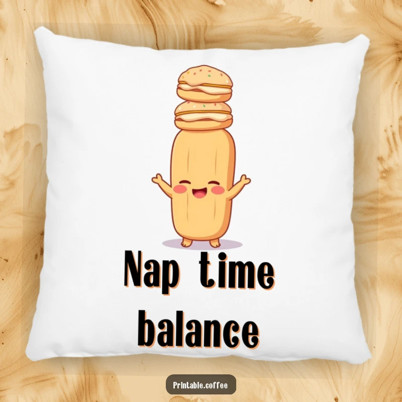 Funny baguette pillow featuring a giggling baguette balancing cream-filled pastries, bringing soft, humorous decor to any room.