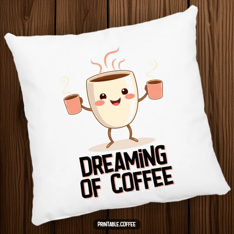 Funny coffee juggler pillow featuring a smiling coffee cup character with tiny legs, juggling steaming mugs.
