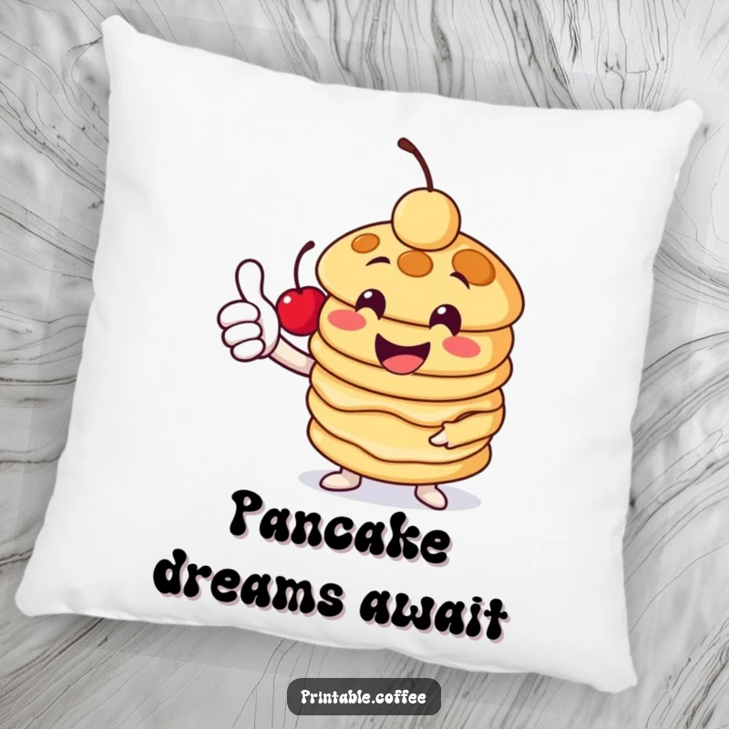 Funny pancake pillow with a cheerful stack character giving a thumbs-up and a cherry, offering soft comfort and breakfast cheer.