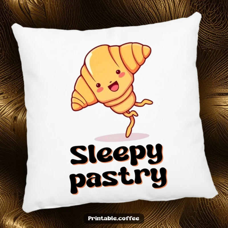 Funny croissant pillow featuring a joyful cartoon croissant with legs, doing a cartwheel.