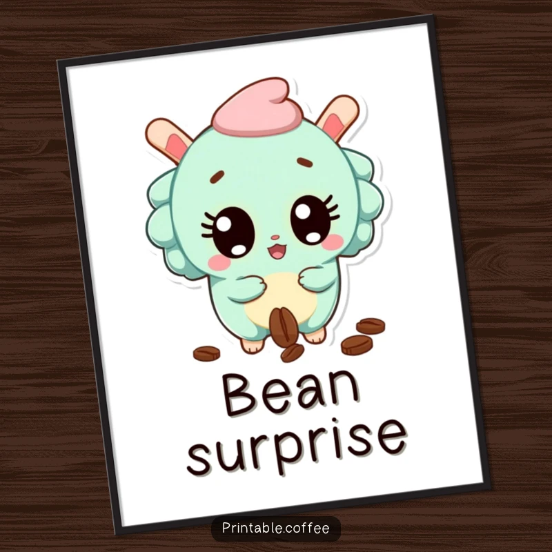 Funny Digital Art Print of a surprised churro character with wide eyes, dropping a coffee bean, capturing shock.