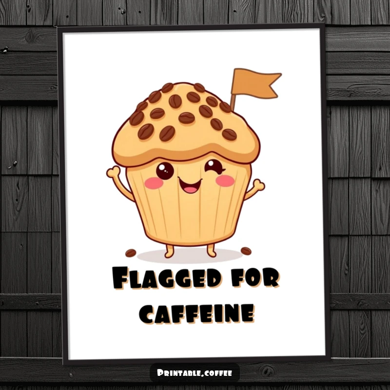Funny Digital Art Print: A happy muffin character waves a miniature flag made of coffee beans, bringing instant cheer and whimsy.