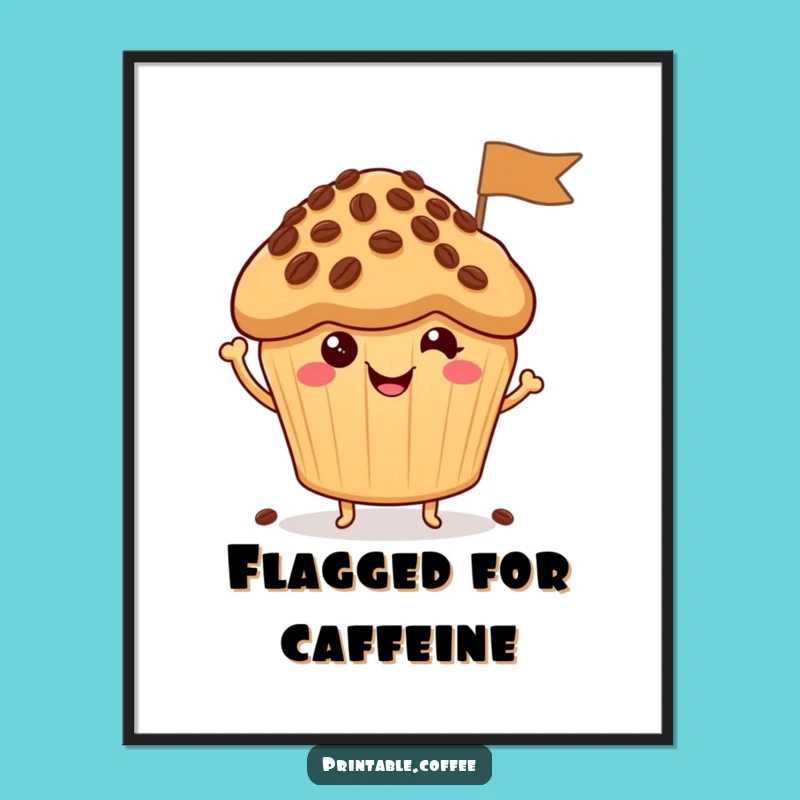Funny Muffin Digital Art: Cheerful Character Waving Coffee Bean Flag, Instant Joy Gift
