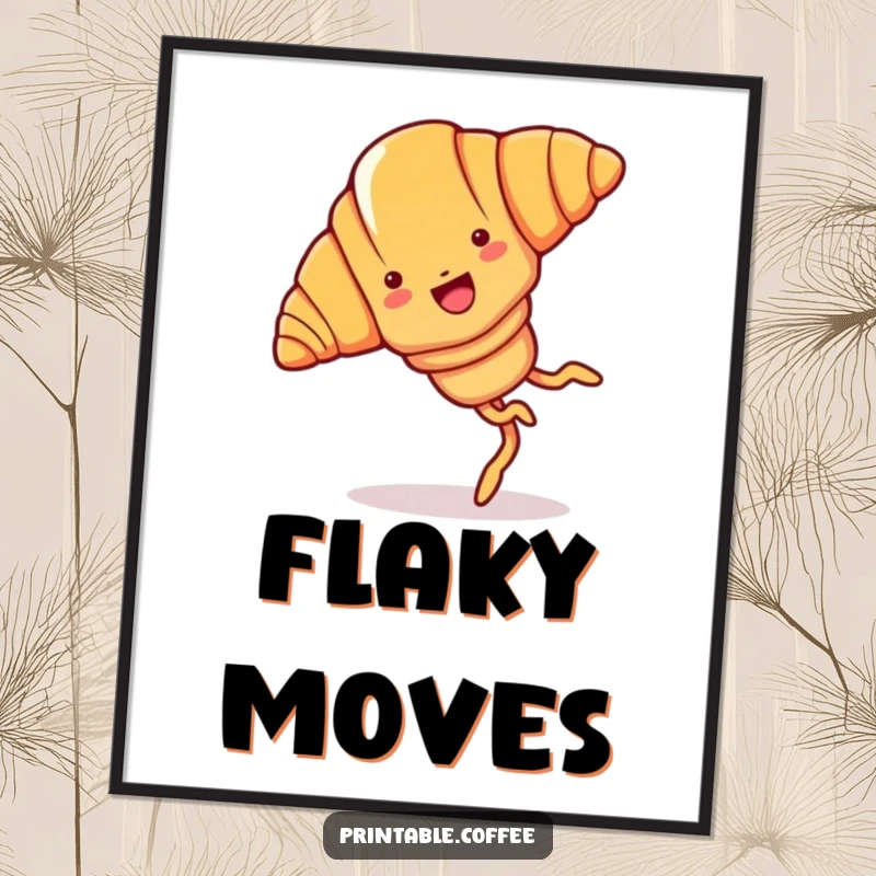 Funny croissant digital art print showing a joyful cartoon croissant with legs, doing a cartwheel.