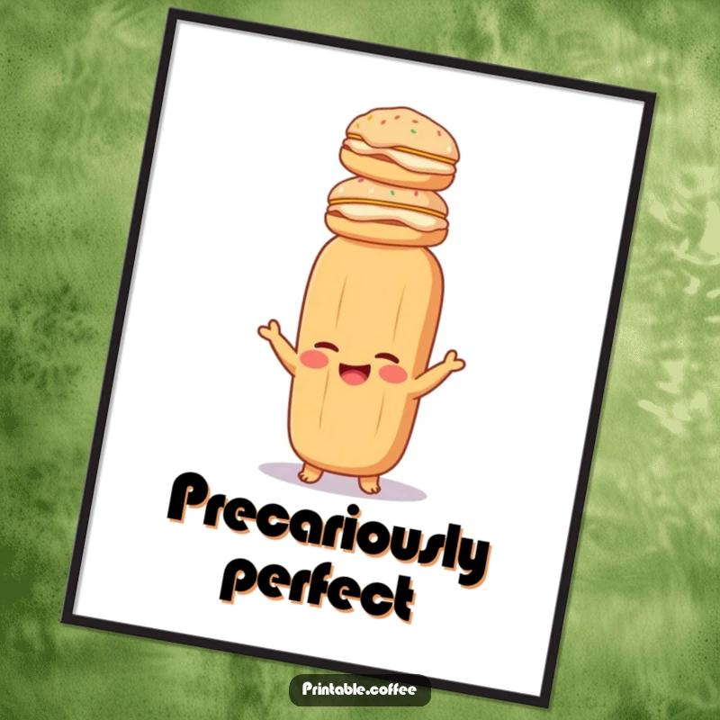 Funny baguette digital art print of a giggling baguette balancing pastries, high-resolution, perfect for instant humorous decor.