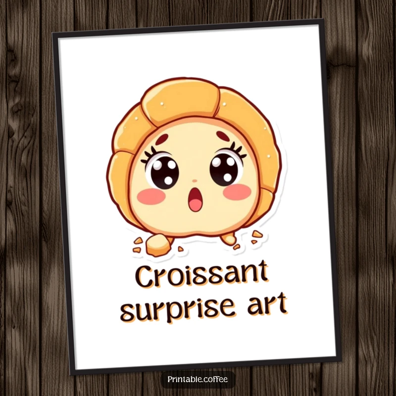 Funny croissant character with wide, surprised eyes and flaky crumbs falling, presented as a whimsical digital art print.