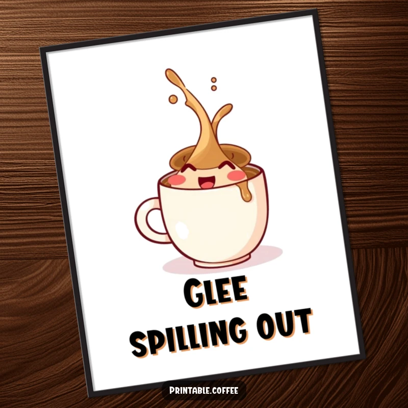 Funny digital art print of a coffee cup character joyfully spilling its contents, offering instant cheer and humor.