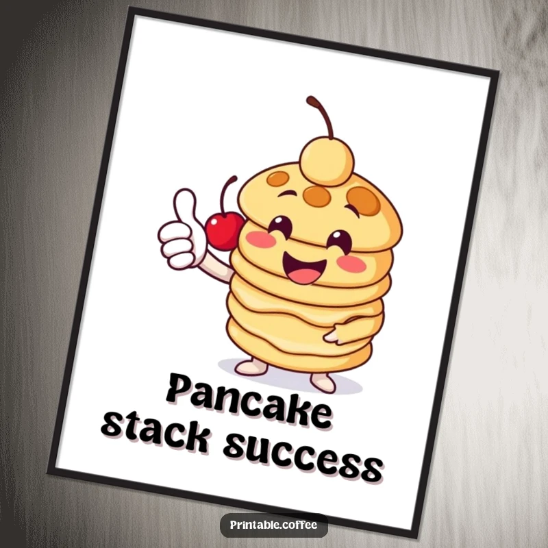 Funny pancake digital art print of a cheerful stack character giving a thumbs-up with a cherry, ideal for screensavers or digital displays seeking breakfast joy.