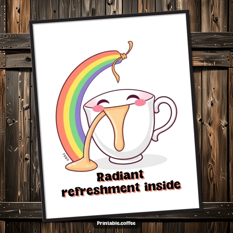 Funny teacup digital art print of a smiling character gleefully pouring a vibrant rainbow, offering colorful happiness for wall decor.