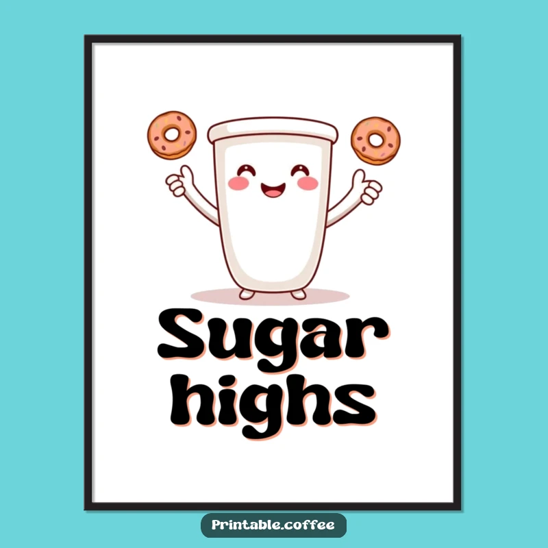 Funny Coffee Juggling Print: Smiling Cup with Donuts, Hilarious Wall Art Gift